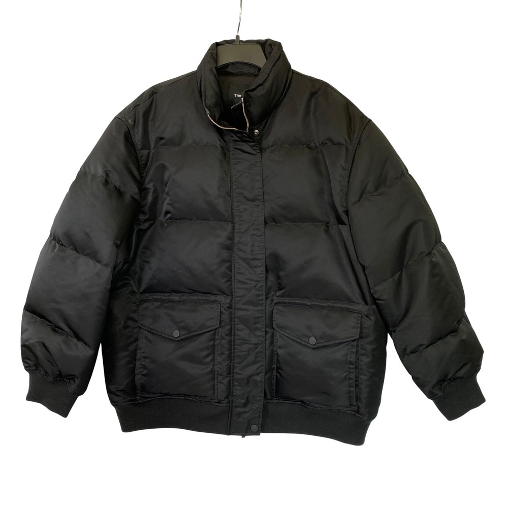 Theory Aero Nylon OS Puffer Jacket Women M/L Black Down Insulated Utility Bomber